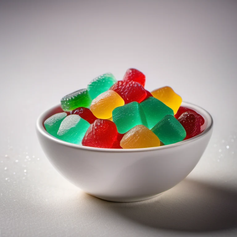 Locally generated colorful sour gummy candy in a white bowl
